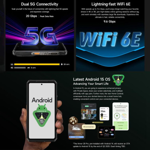  Téléphone robuste Ulefone Armor 28 Pro, 16 Go + 512 Go, vision nocturne, 10 600 mAh, écrans 6,67 pouces + 1,04 pouce, Android 15, MediaTek Dimensity 7300 Octa Core, réseau : 5G, NFC (noir) SU891B1607-025